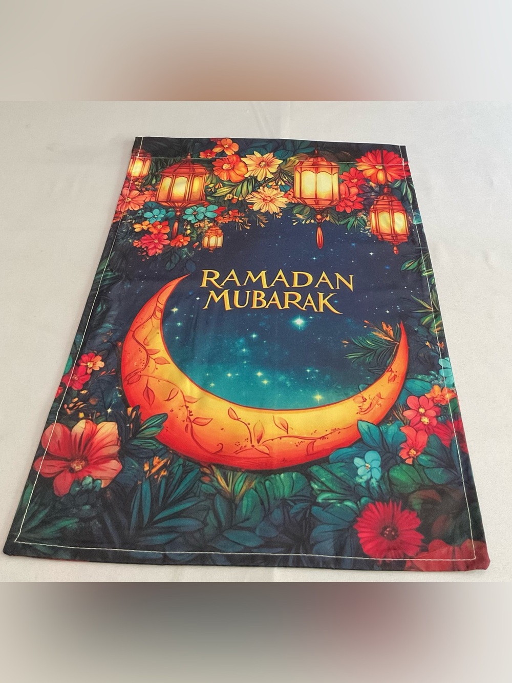 Ramadan Mubarak Decorative Garden Flag - Vibrant Blue & Orange Crescent Design